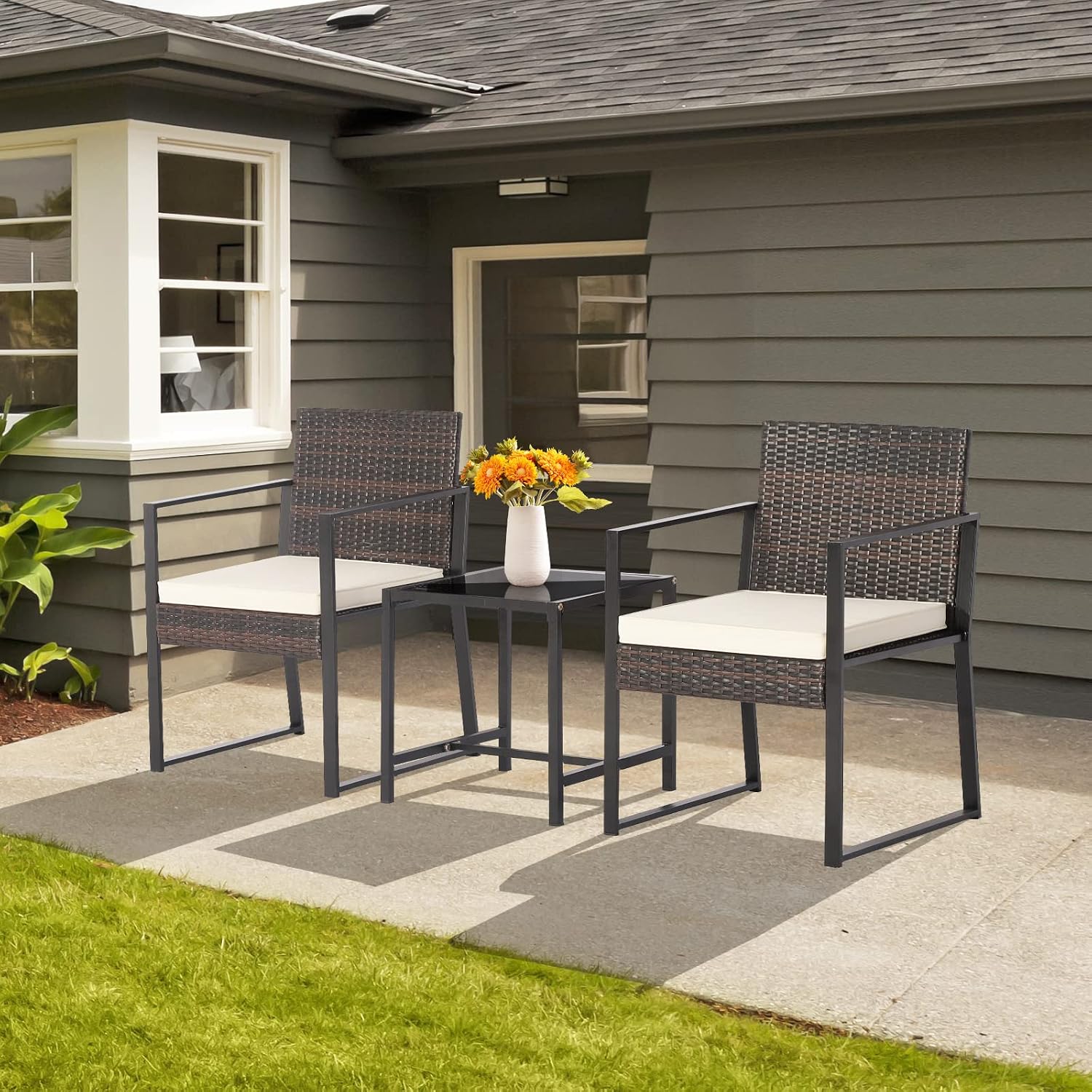Tangkula 3 Piece Patio Furniture Set, Modern Heavy Duty All Weather Cushioned Wicker Chairs and Coffee Table Set, Suitable for Front Porch, Backyard, Garden, Poolside and Deck (Mix Brown)