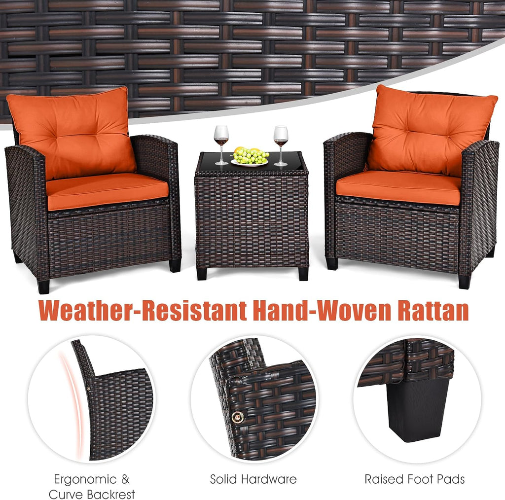 KOTEK 3 Piece Patio Furniture Set, Outdoor Conversation Set with Washable Cushions & Tempered Glass Tabletop, PE Rattan Wicker Bistro Set for Porch, Garden, Balcony (Orange)