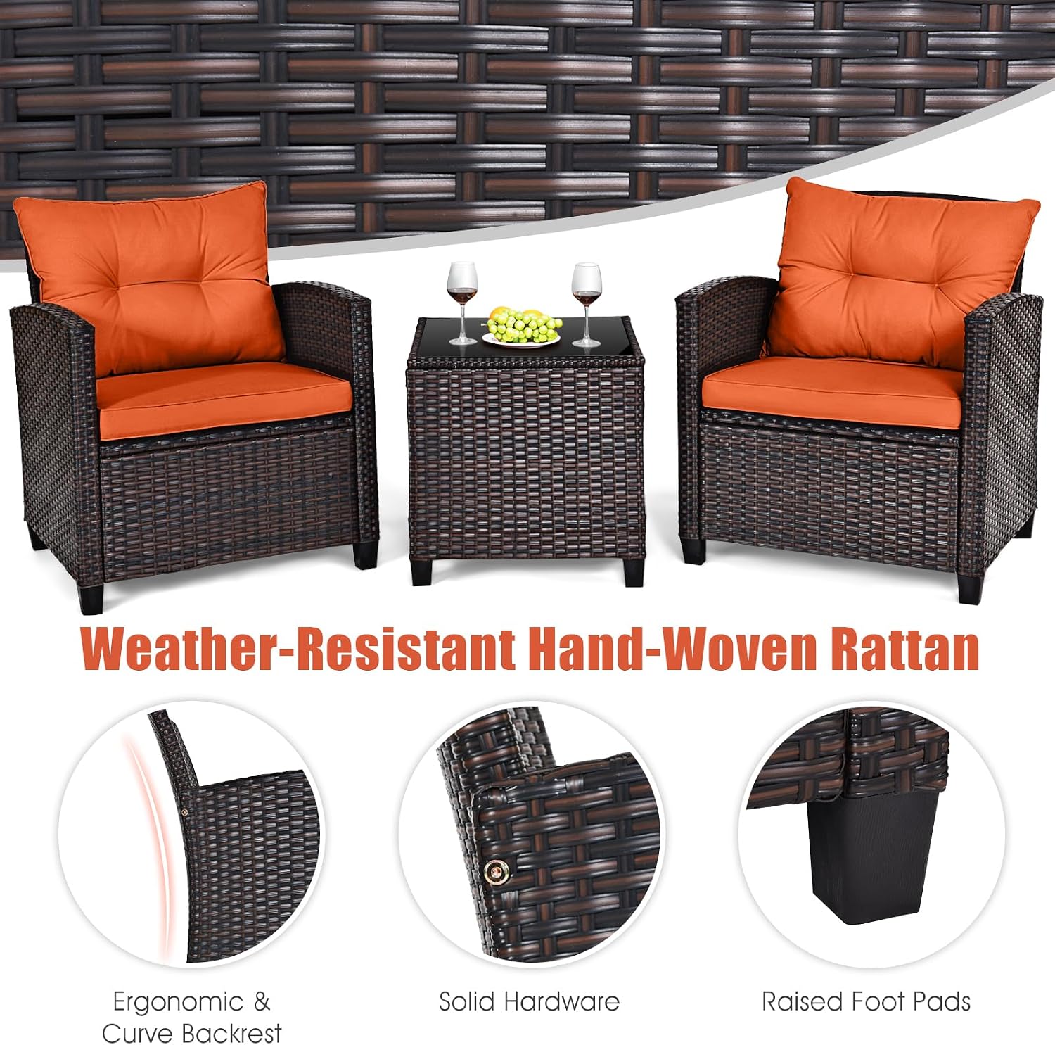 KOTEK 3 Piece Patio Furniture Set, Outdoor Conversation Set with Washable Cushions & Tempered Glass Tabletop, PE Rattan Wicker Bistro Set for Porch, Garden, Balcony (Orange)