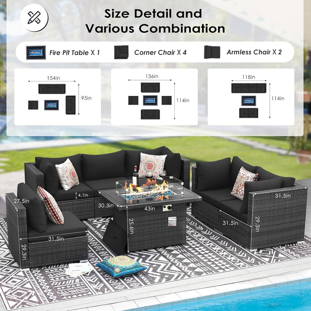 RADIATA 7 Piece Wicker Patio Furniture Set with Fire Pit, All-Weather Outdoor Sectional Couch High Back Large Size, Modular Backyard Seating Sofa Set with Propane/Natural Gas Firepit Table, Grey&Black