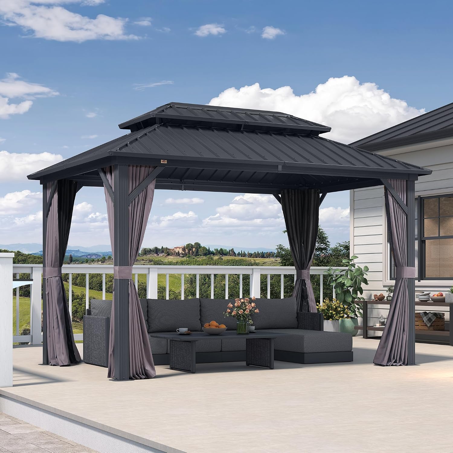 PURPLE LEAF 8' X 12' Permanent Hardtop Aluminum Gazebo with Double Galvanized Steel Roof Removable Netting Curtains and Ceiling Hooks for Patio Lawn Backyard Deck Garden Grey