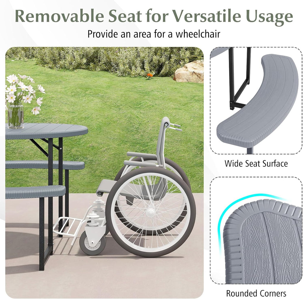 Giantex Picnic Table Bench Set for 4-8 Person, Round 37' Outdoor Dining Table w/Umbrella Hole, HDPE Tabletop, Metal Frame, Patio Furniture Set for Backyard Porch Lawn, 1400lb Capacity (Gray,Round)