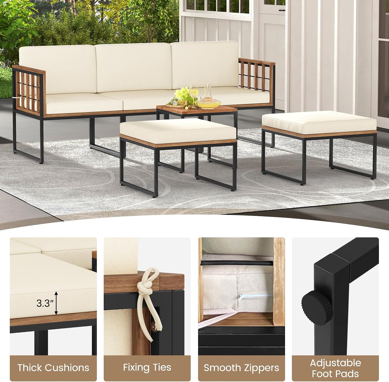 Tangkula 6 Pieces Acacia Wood Patio Furniture Set, Outdoor Sectional Conversation Sofa Set with Cushions, Coffee Table and Ottomans, Metal Frame Patio Sofas for Garden, Poolside, Backyard, Beige