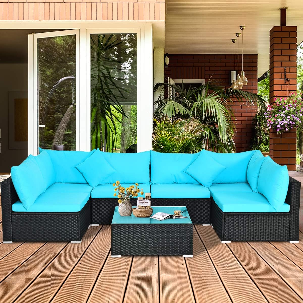 COSTWAY 7 Pieces Patio Furniture Set, Outdoor Rattan Conversation Set with 6 Seats, Coffee Tea Table, Soft Cushions, Wicker Patio Sectional Sofa for Garden Balcony Porch Poolside, Turquoise