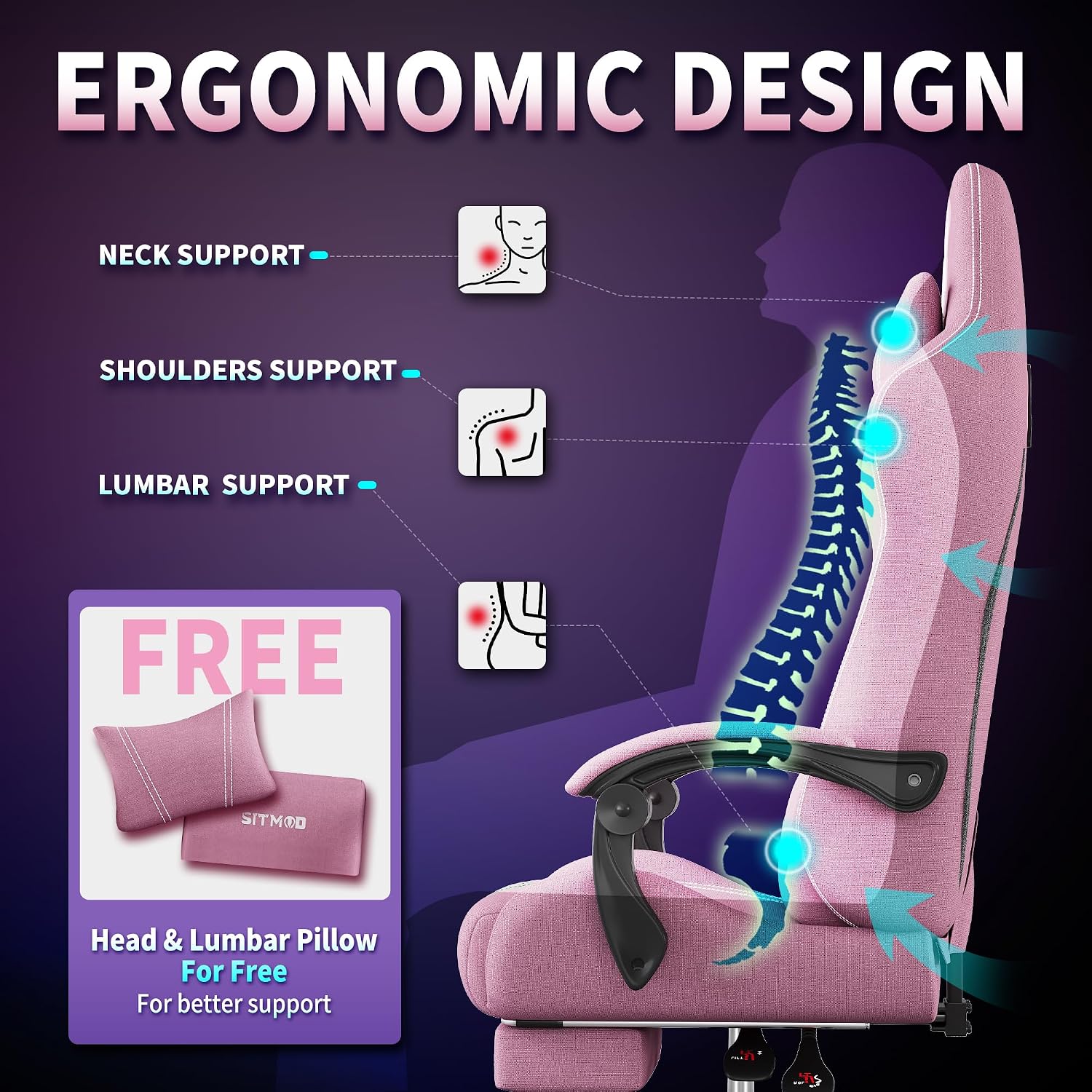 SITMOD Fabric Gaming Chair with Footrest-Breathable Computer Chair with Headrest & Lumbar Pillow,Big and Tall Ergonomic Gamer Chair for Heavy Adults,22.44' Deep Seat Gaming Chairs for Adults(Pink)