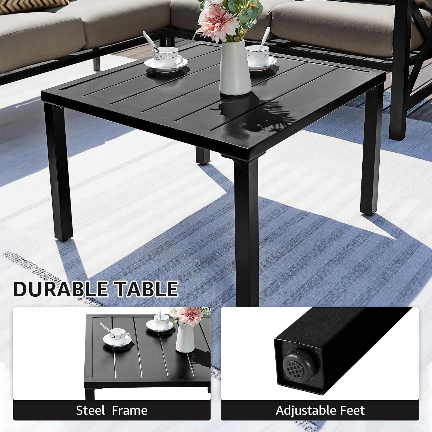 NATURAL EXPRESSIONS 6 Pieces Patio Furniture Sets,Outdoor Furniture Sets Metal Patio L Shape Sectional Couch Sofa Conversation Sets with 6.5' Shale Cushions,HighBack Hand-Brush Black Frame