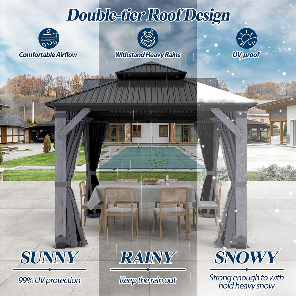 COVERONICS 10'x10' Outdoor Wood Gazebo - Hardtop Wooden Gazebo with Galvanized Steel Roof, Heavy-Duty Pavilion with Netting & Curtains for Garden, Poolside, Deck, Backyard