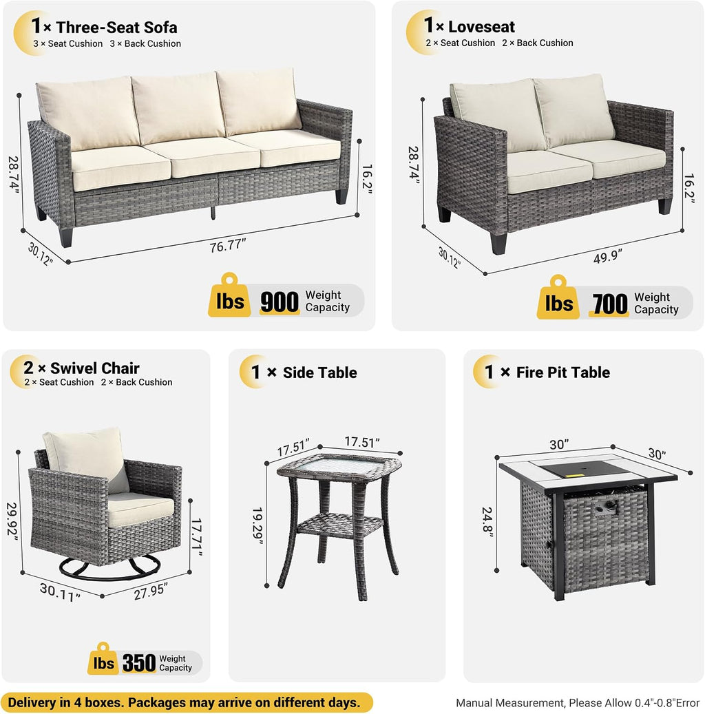 ovios 6 Pieces Patio Furniture Set with Square Fire Pit Table, Swivel Rocking Chairs, Loveseat, Outdoor High Back Wicker Rattan Conversation Set for Deck Porch, Beige