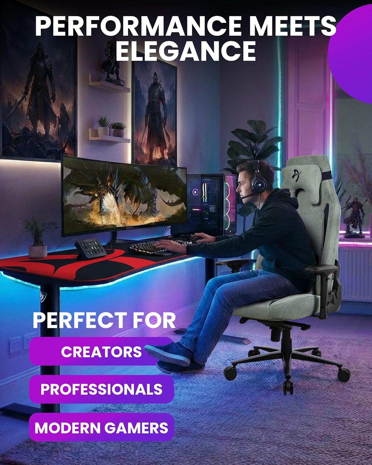 Arozzi Vernazza Gaming Chair XL- Super Soft Gaming Chairs for Adults Adjustable Height, Large Spacious Seat & Backrest with Support Pillows - Swedish Design Home Office Computer Chairs, Forest