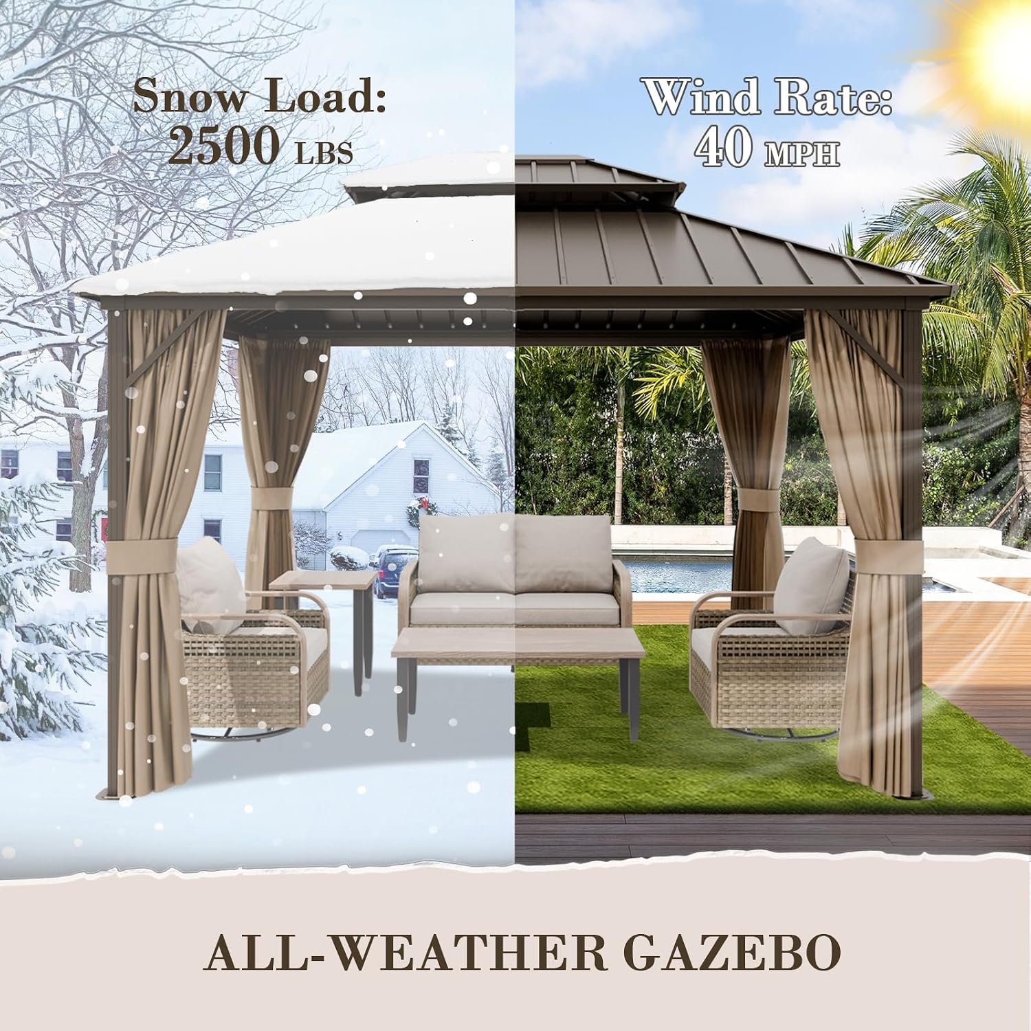 EAGLE PEAK 12x10 Hardtop Gazebo, Galvanized Steel Double Roof with Aluminum Frame, Outdoor Pavilion with Netting and Curtains for Patio, Deck, Lawn and Garden, Dark Brown/Tan