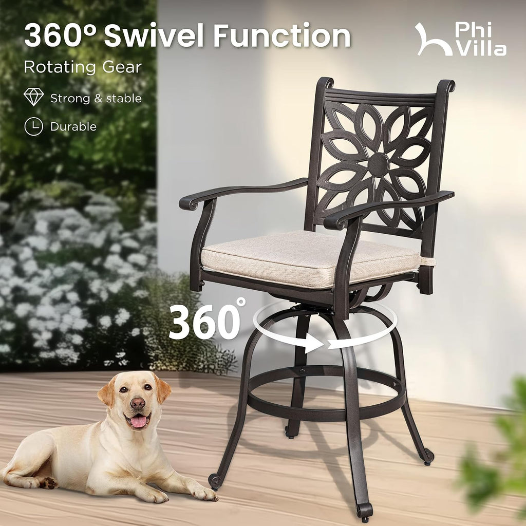 PHI VILLA Patio Furniture Set, Brown 3Pcs Cast Aluminum High Top Table and Swivel Bar Stools with Cushion, Pub Bistro Set for Outdoor