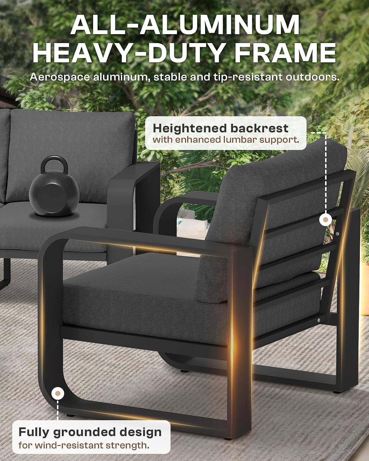 Oversized Aluminum Outdoor Furniture Set, Extra Large Patio Furniture Sofa Set 4.8' Widened Armrest & Ultra-Thick Cushions, 4 Pcs Modern Patio Sectional for Backyard, Porch, Graphite