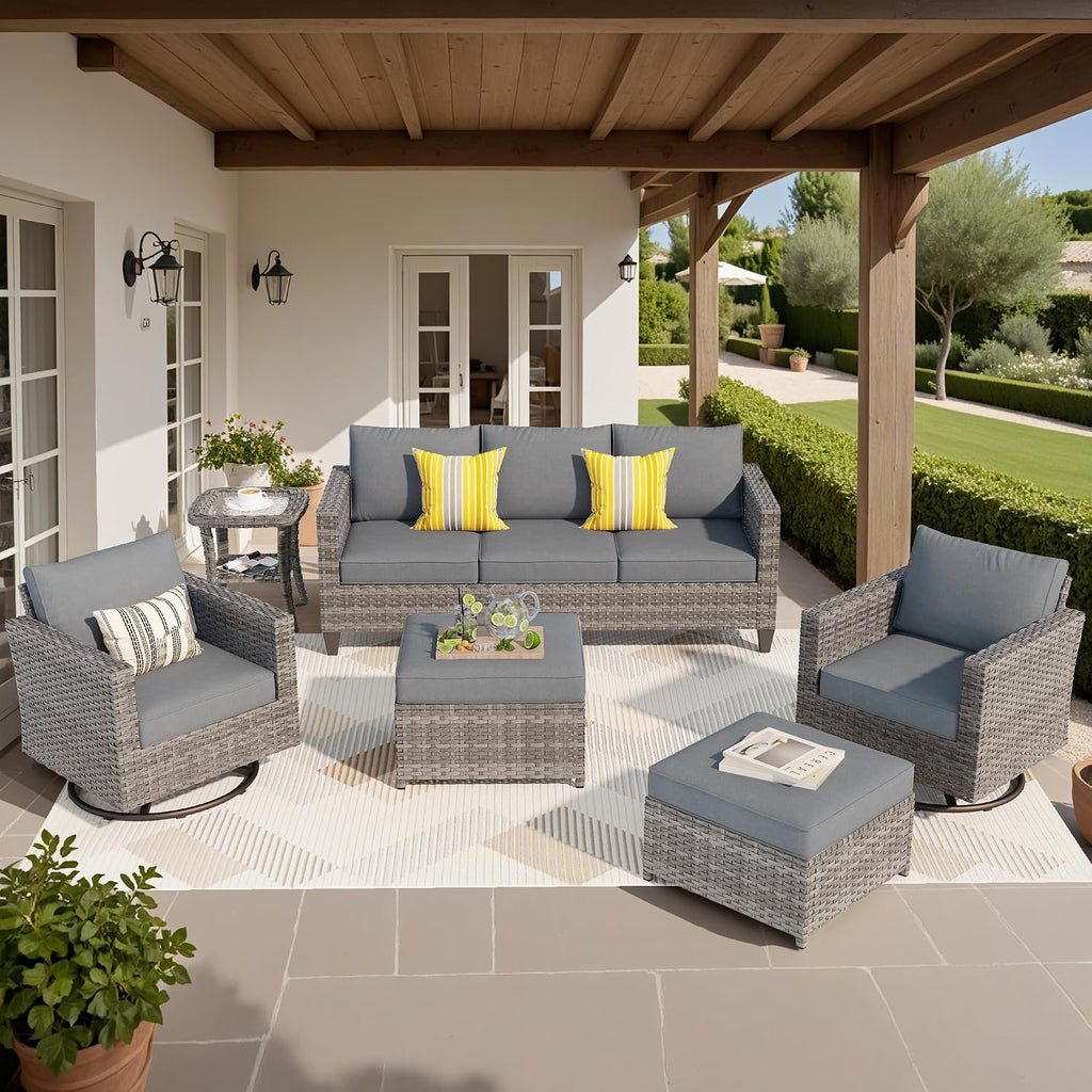 ovios 6 Pieces Patio Furniture Set, Outdoor Wicker Sofa Couch with Swivel Chairs, Rocking Glider Rocker with Comfy Cushions All Weather Rattan Conversation Set, Dark Grey