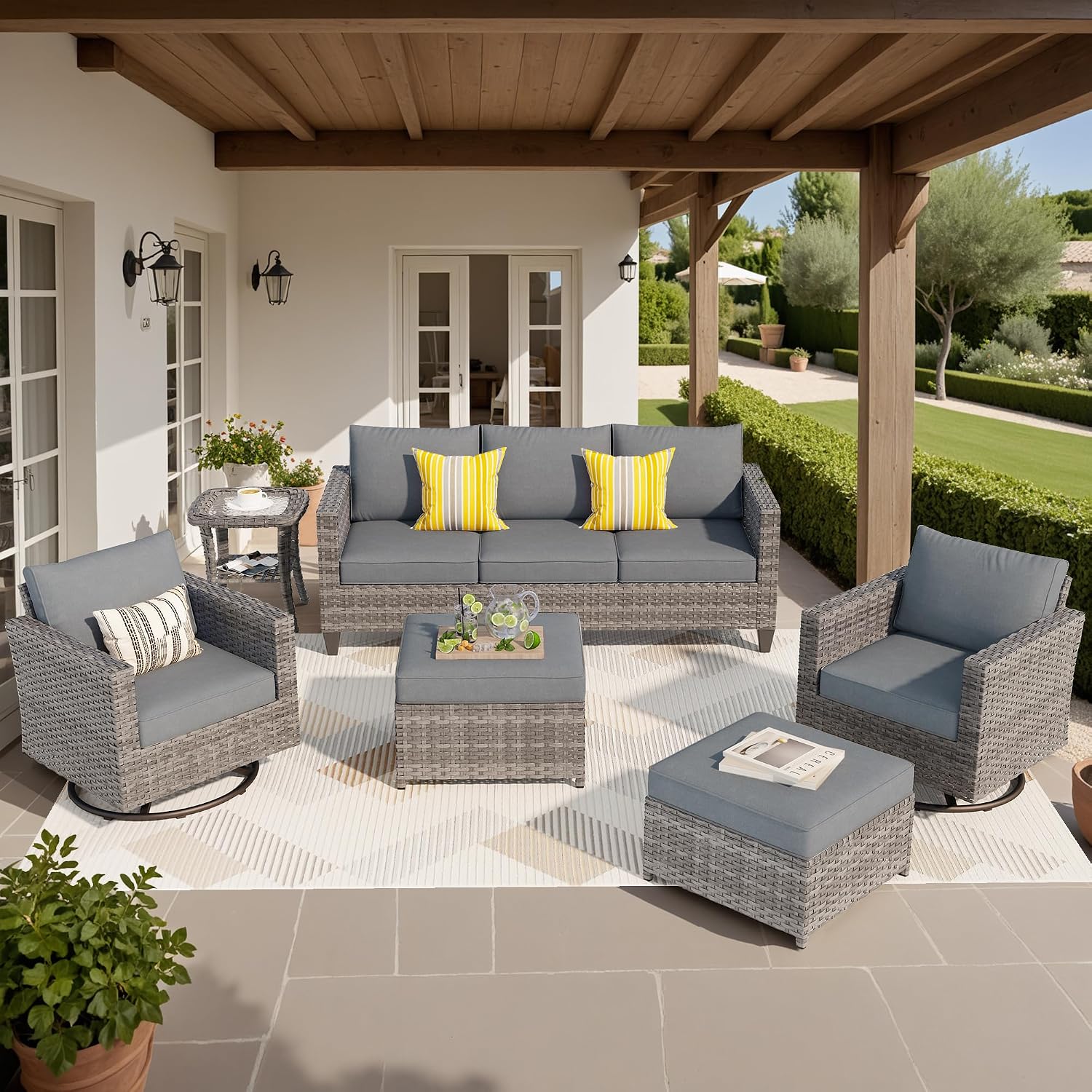 ovios 6 Pieces Patio Furniture Set, Outdoor Wicker Sofa Couch with Swivel Chairs, Rocking Glider Rocker with Comfy Cushions All Weather Rattan Conversation Set, Dark Grey