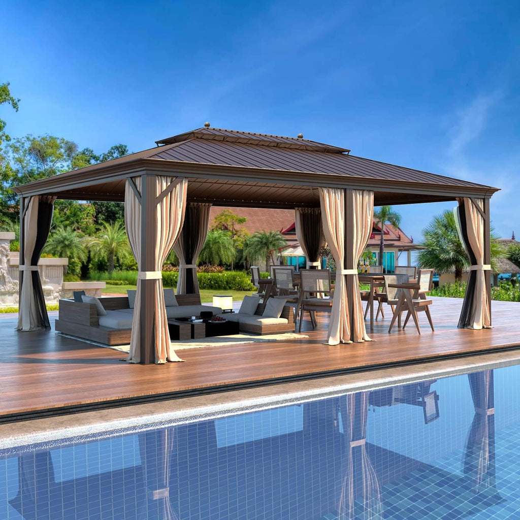 MELLCOM 14'x20' Hardtop Gazebo, Galvanized Steel Metal Double Roof Aluminum Gazebos with Curtain and Netting, Brown Permanent Pavilion Gazebo with Aluminum Frame for Patios, Gardens, Lawn