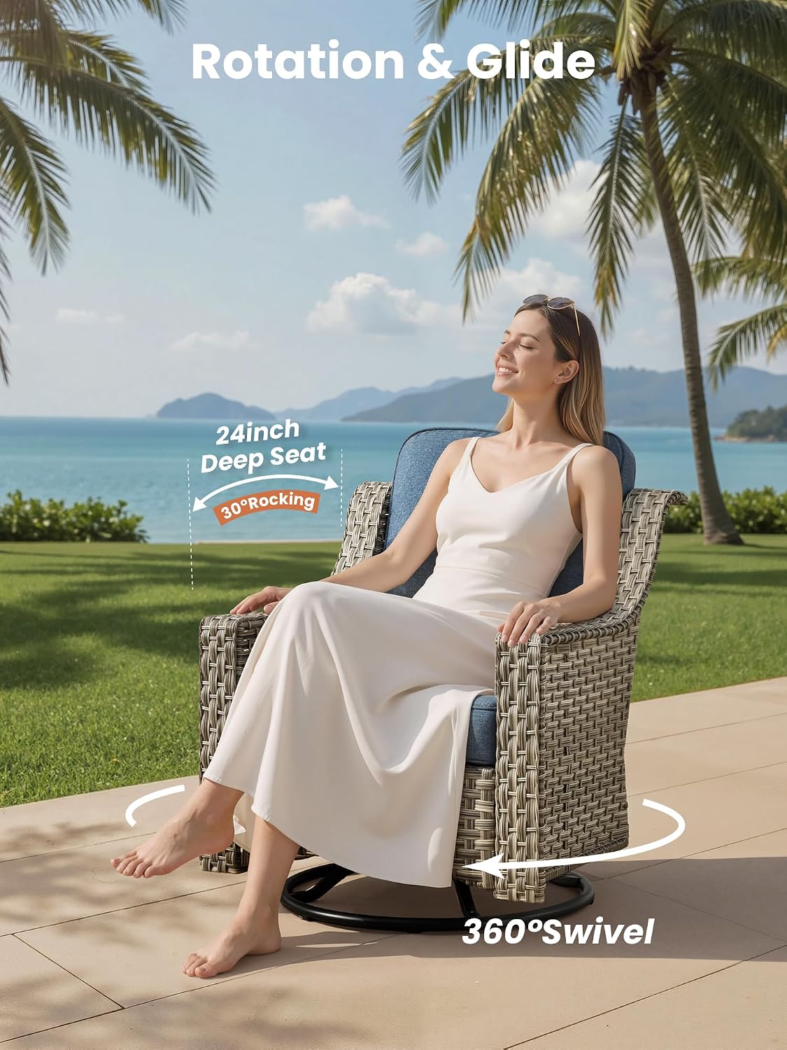 ovios 5 Piece Outdoor Patio Furniture with 3 Seat Sofa,Rattan Wicker Coversation Set with Swivel Rocking Chair,Balcony Sofa Set with Shiny Table for Outside Porch Backyard Pool, Blue