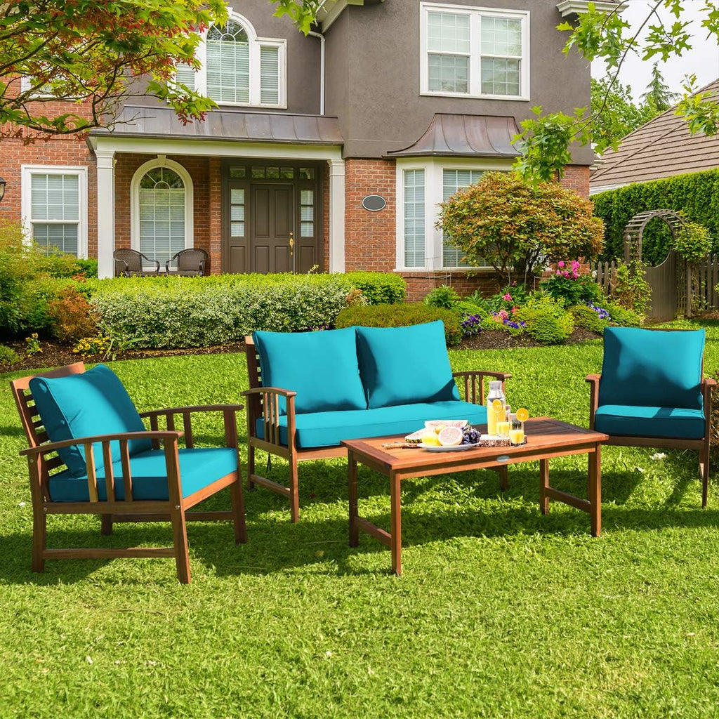 Tangkula 8 Pieces Acacia Wood Patio Furniture, Outdoor Seating Chat Set w/Gray Cushions & Back Pillow, Conversation Set w/Coffee Table for Garden, Backyard, Poolside