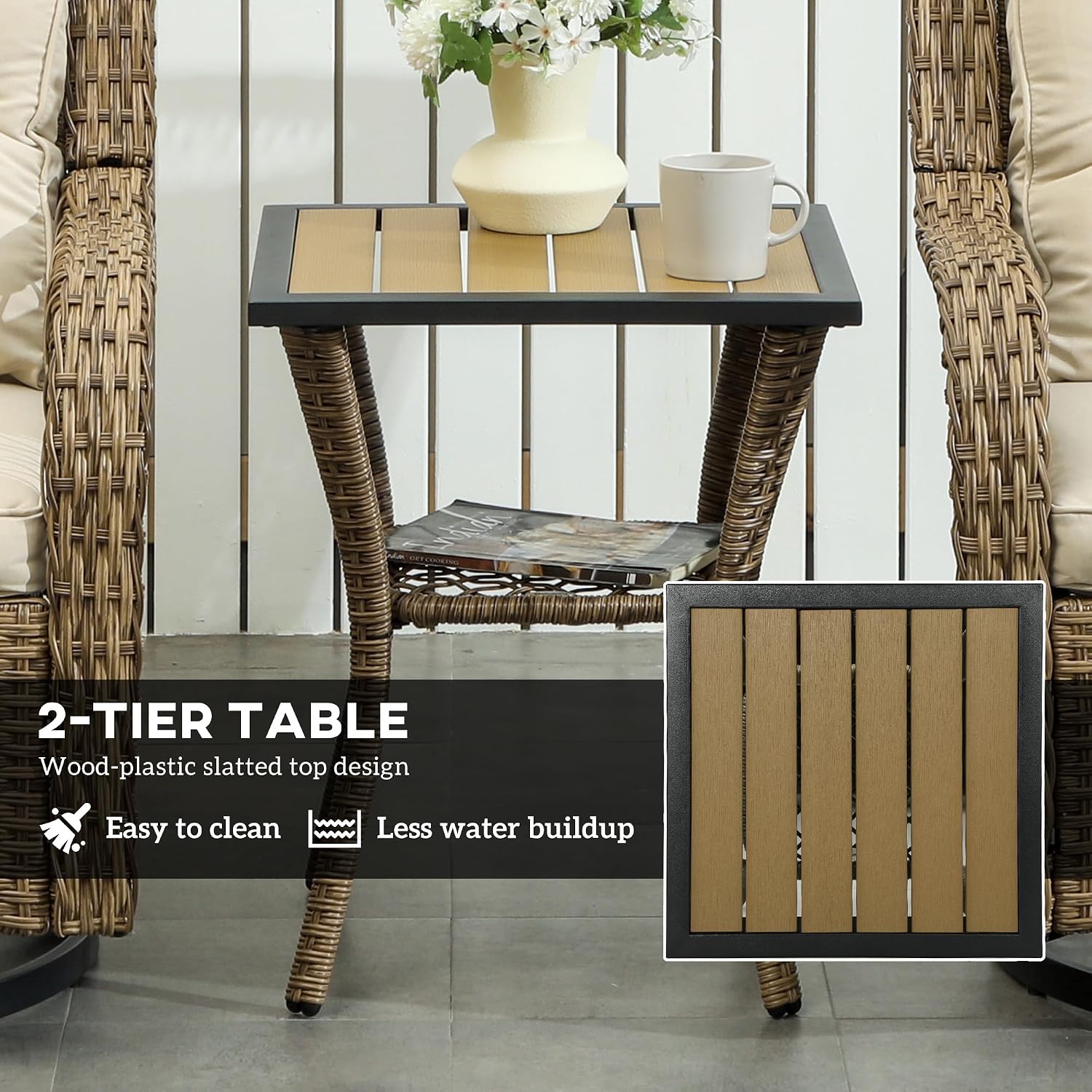 Outsunny PE Wicker Outdoor Bistro Set, Swivel Glider Patio Chairs and 2-Tier Storage Table with Slatted WPC Top, 3 Piece Patio Furniture Set with Cushions for Balcony, Porch, Backyard, Beige