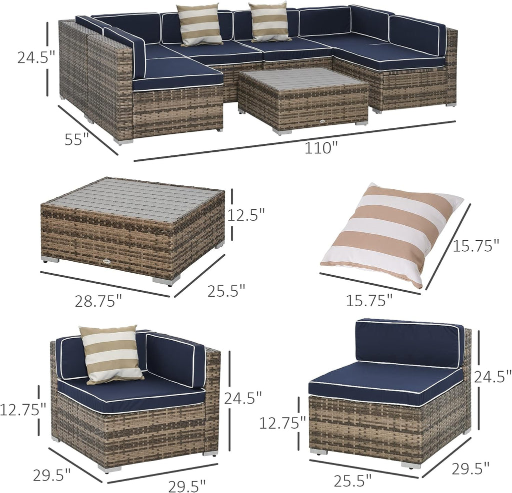 Outsunny 7 Piece Patio Furniture Set, Wicker Outdoor Sectional Sofa Set, All Weather PE Rattan Outdoor Furniture Conversation Sets with Cushions, Faux Wood Coffee Table, Striped Pillows, Blue