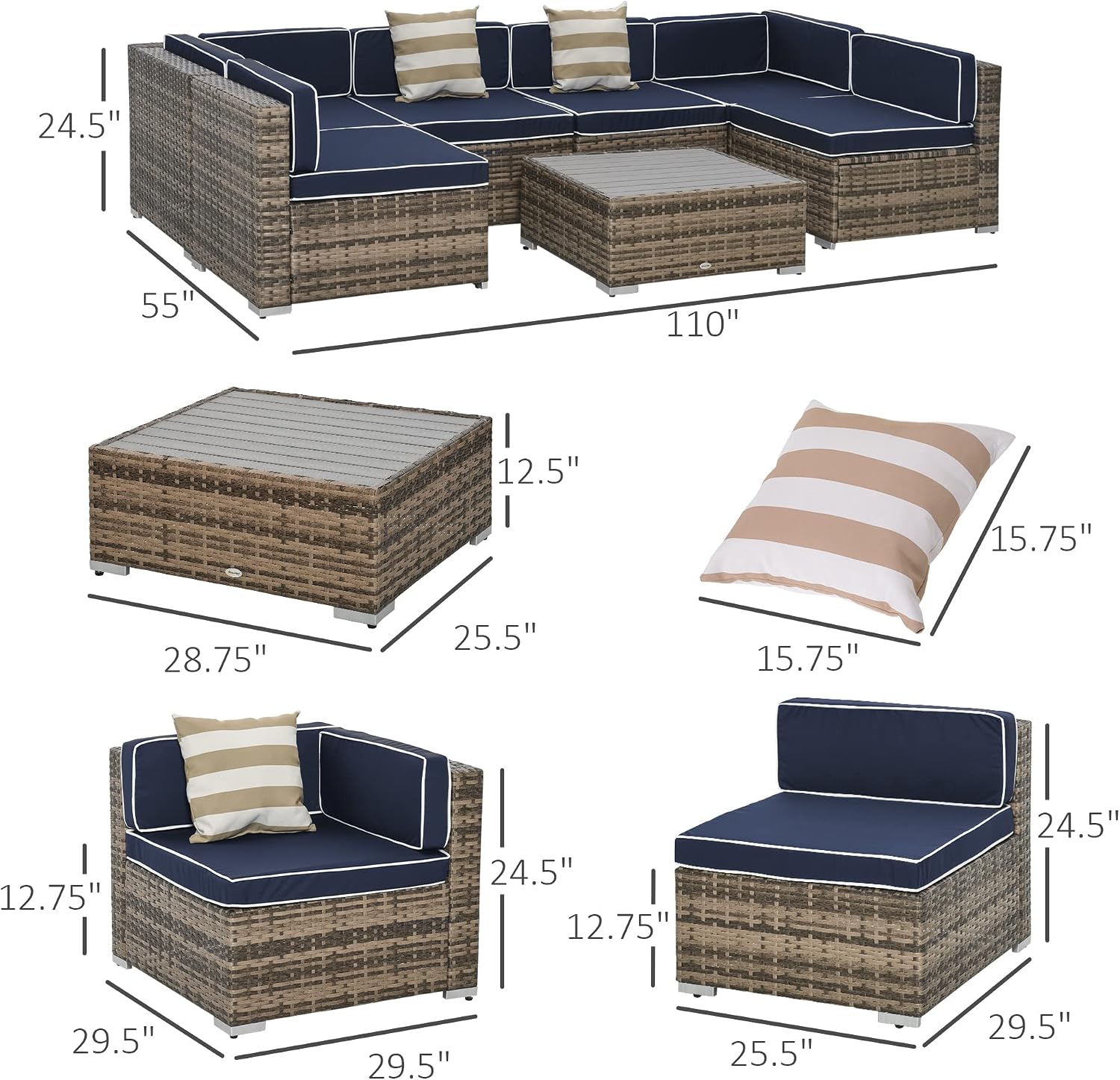 Outsunny 7 Piece Patio Furniture Set, Wicker Outdoor Sectional Sofa Set, All Weather PE Rattan Outdoor Furniture Conversation Sets with Cushions, Faux Wood Coffee Table, Striped Pillows, Blue