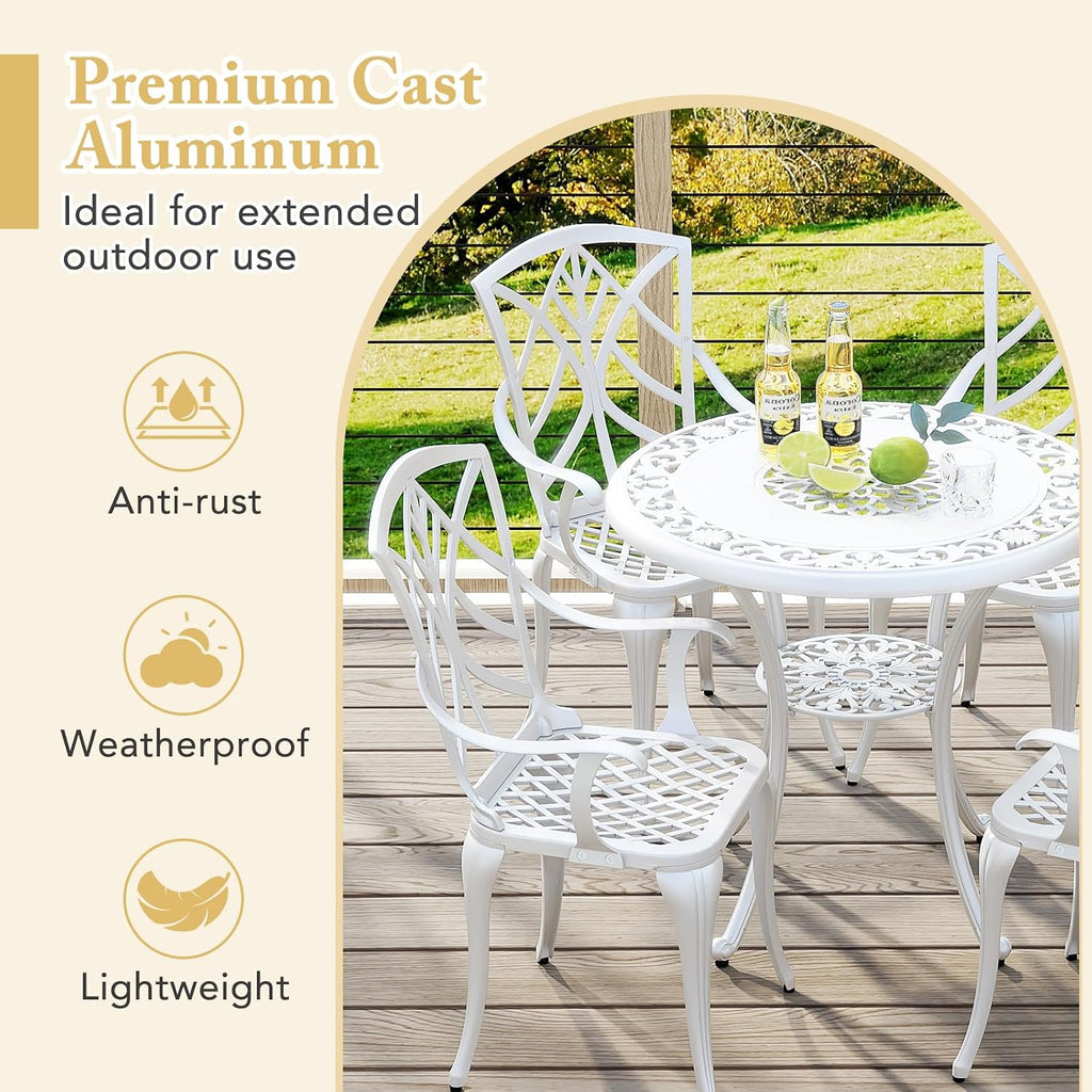 Tangkula 5 Pieces Cast Aluminum Outdoor Dining Set, Round Dining Table with 2' Umbrella Hole & 4 Armchairs, All-Weather Outdoor Furniture Set for Patio, Balcony, Garden & Backyard, White