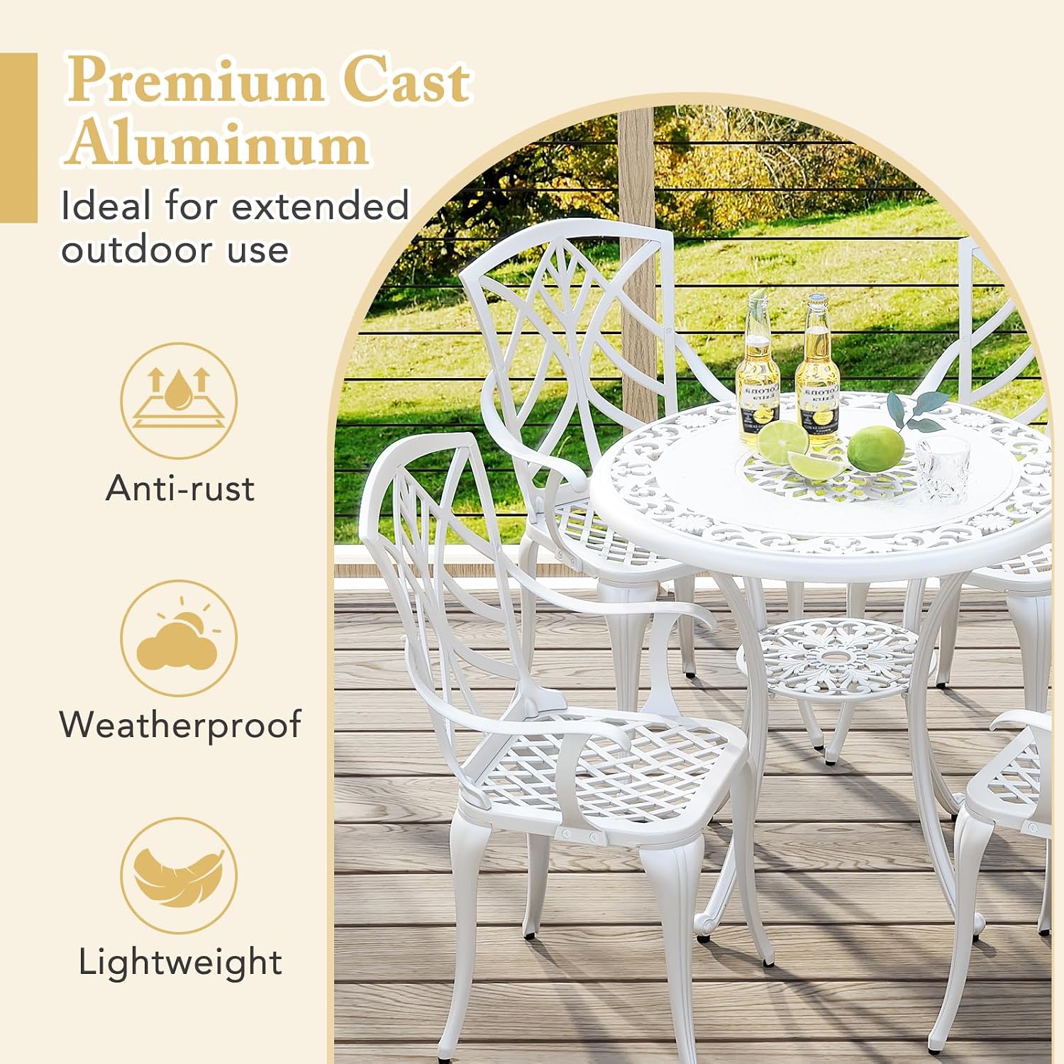 Tangkula 5 Pieces Cast Aluminum Outdoor Dining Set, Round Dining Table with 2' Umbrella Hole & 4 Armchairs, All-Weather Outdoor Furniture Set for Patio, Balcony, Garden & Backyard, White