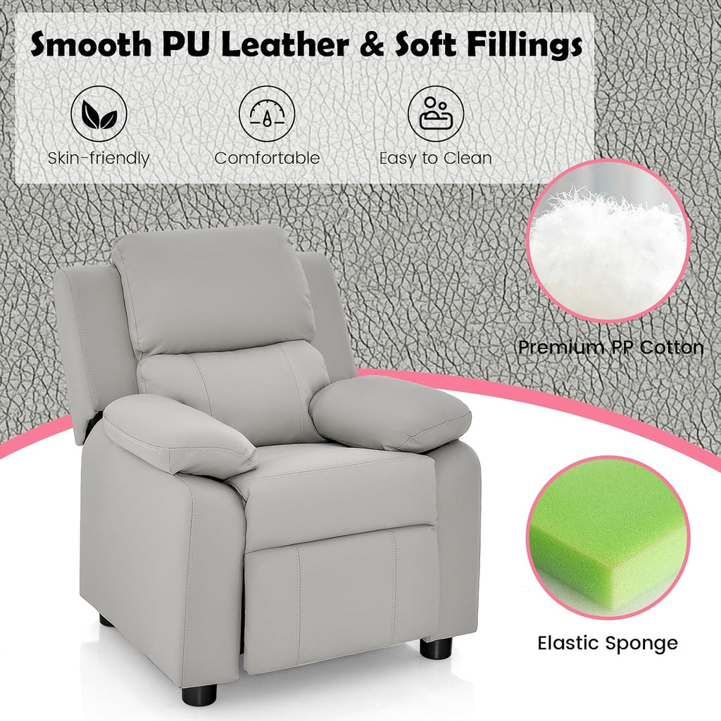 Costzon Kids Recliner, Leather Recliner Chair w/Footrest, Armrest Storage, Headrest & Lumbar Support, Ergonomic Lounge Chair for Living & Gaming Room, Adjustable Recliner Sofa for Boys Girls (Gray)