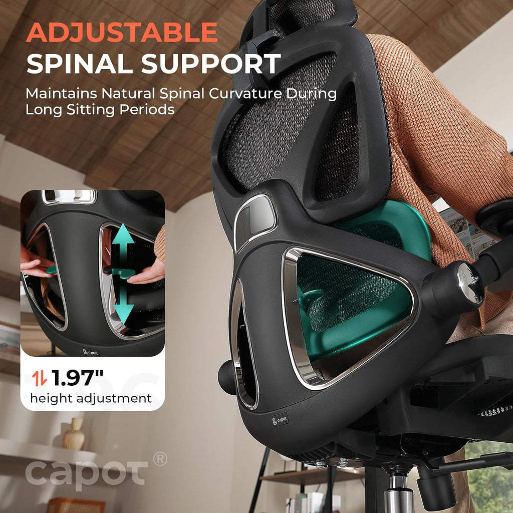 CAPOT Ergonomic Mesh Office Chair, Adjustable Lumbar High Back Desk Chair 400lbs, 4D Flip-up Arms, 3-Level Tilt Backrest, 3D Headrest, PU Wheels, Swivel Rolling Computer Seating for Long Desk Work