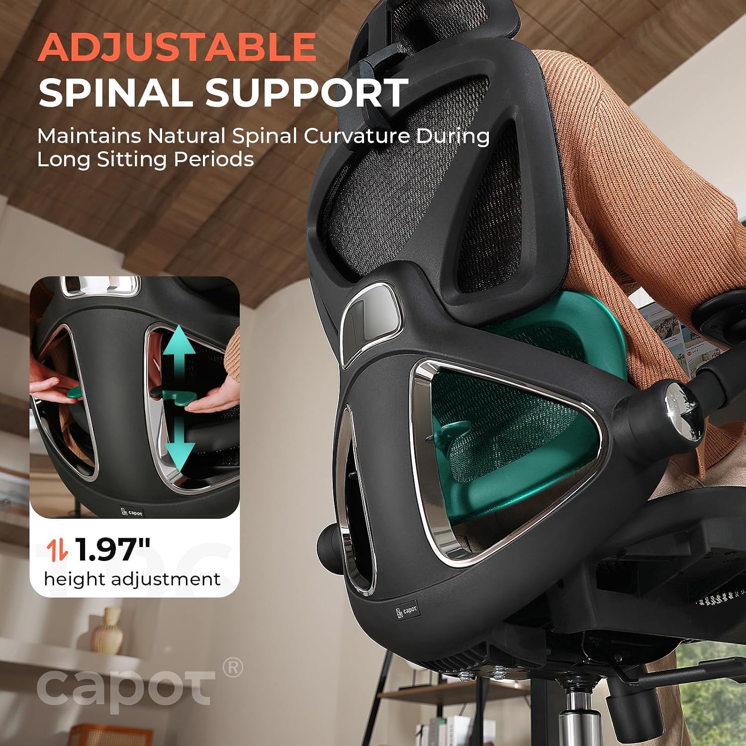 CAPOT Ergonomic Mesh Office Chair, Adjustable Lumbar High Back Desk Chair 400lbs, 4D Flip-up Arms, 3-Level Tilt Backrest, 3D Headrest, PU Wheels, Swivel Rolling Computer Seating for Long Desk Work