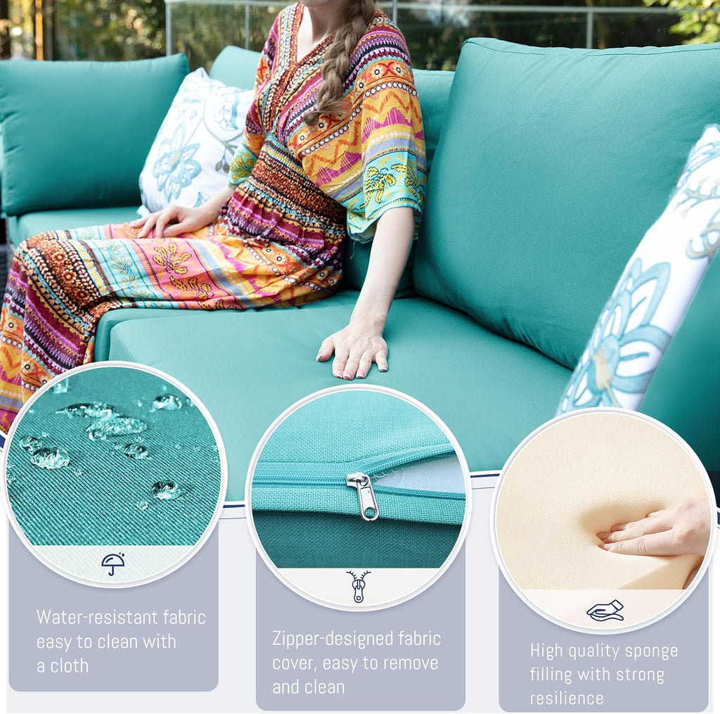 BULEXYARD 7 Piece High Back Outdoor Furniture Set with Fire Pit, Durable All Weather Wicker Patio Couch Sofa Set, Oversized Modular 6-Seater Sectional Backyard Seating Wide Deep for Lawn, Grey & Teal