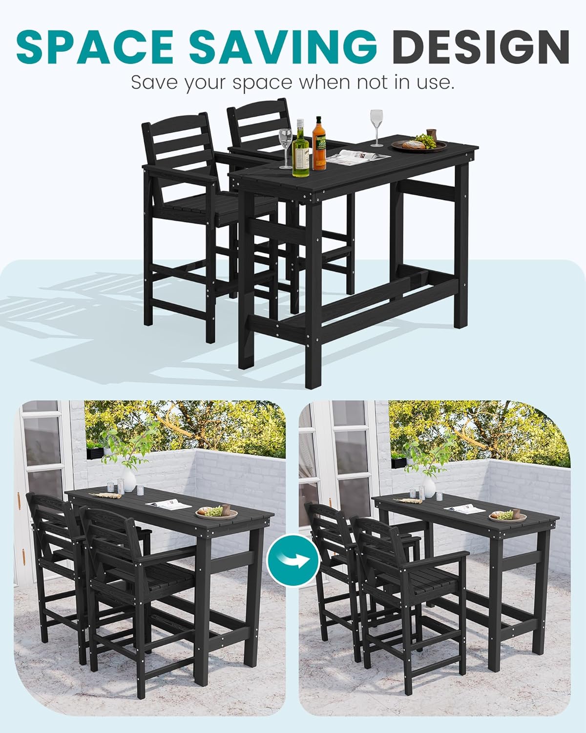 SERWALL Outdoor Bar Set - 4 Adirondack Bar Chairs & Bar Height Table with 1.6' Umbrella Hole, All-Weather HDPE Patio Furniture for Poolside, Backyard, Garden - Black