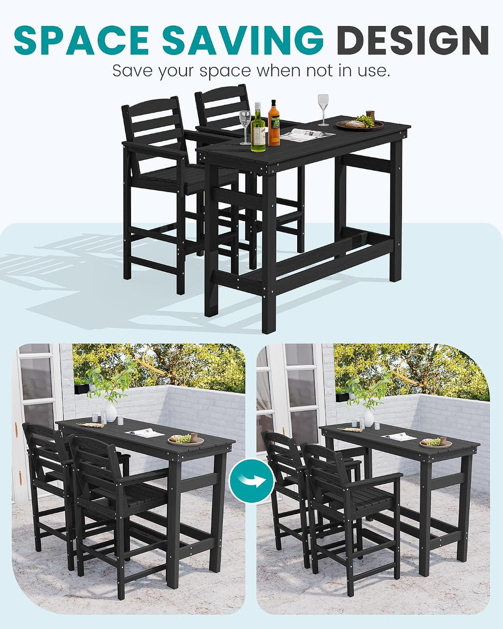 SERWALL 41' Outdoor Bar Table with 1.6' Umbrella Hole, HDPE Patio Bar Counter Height Table, All-Weather Rectangle Bar Table for Backyard, Garden, Poolside, Balcony - Black