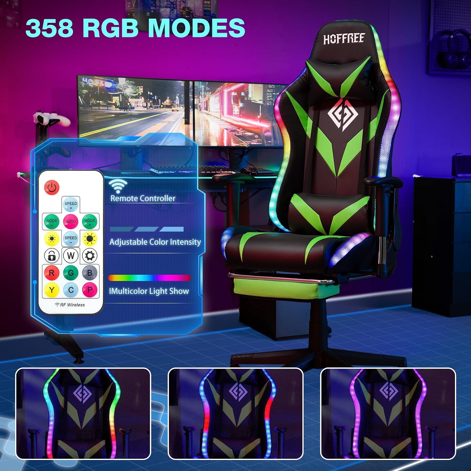 HOFFREE Gaming Chair with Bluetooth Speakers and Led Lights Massage Video Game Chair with Footrest Reclining High Back Computer Gamer Chair Green and Black