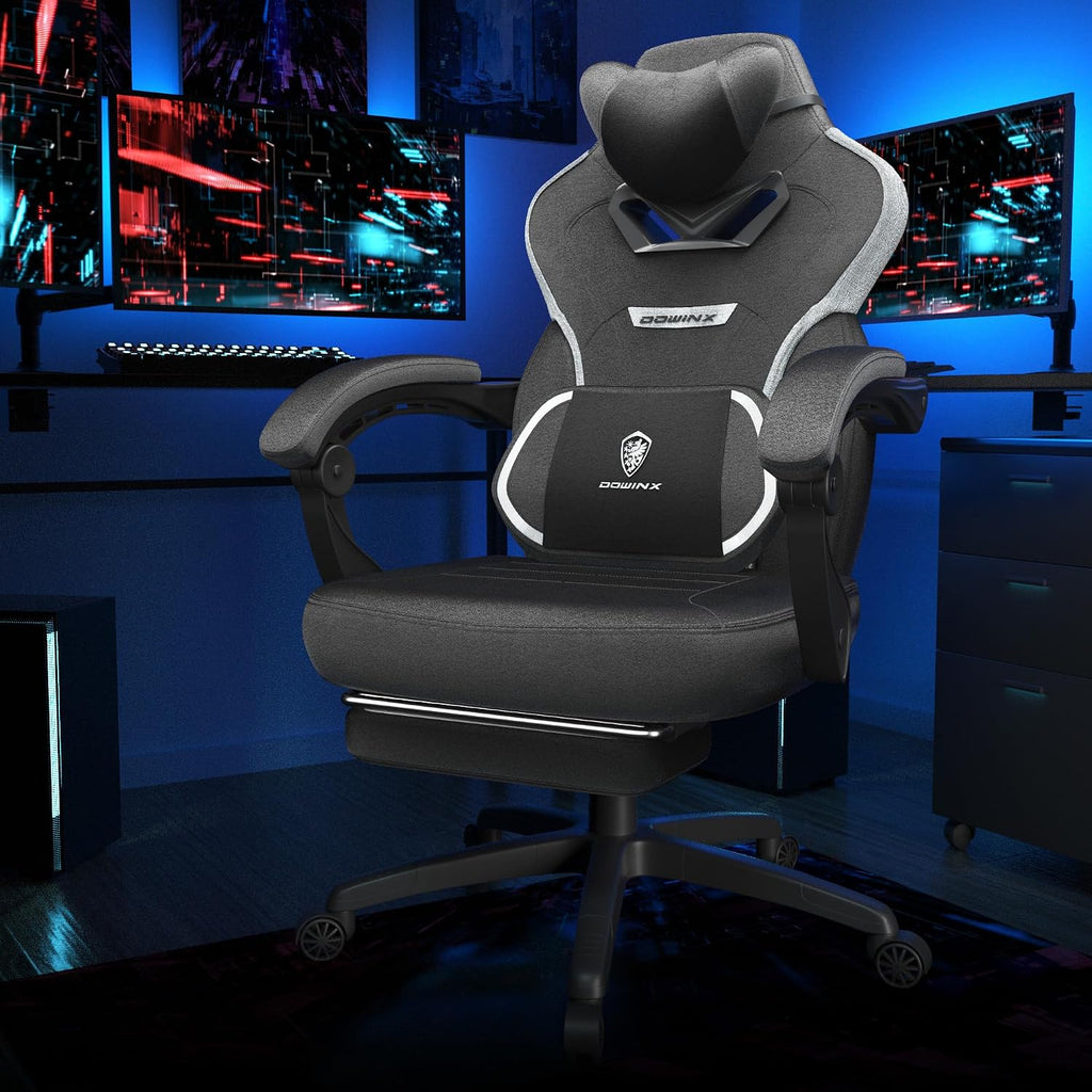 Dowinx Gaming Chair with Footrest, Fabric Gamer Chair for Adults, Computer Chair with Massage for Heavy People Fabric,Black