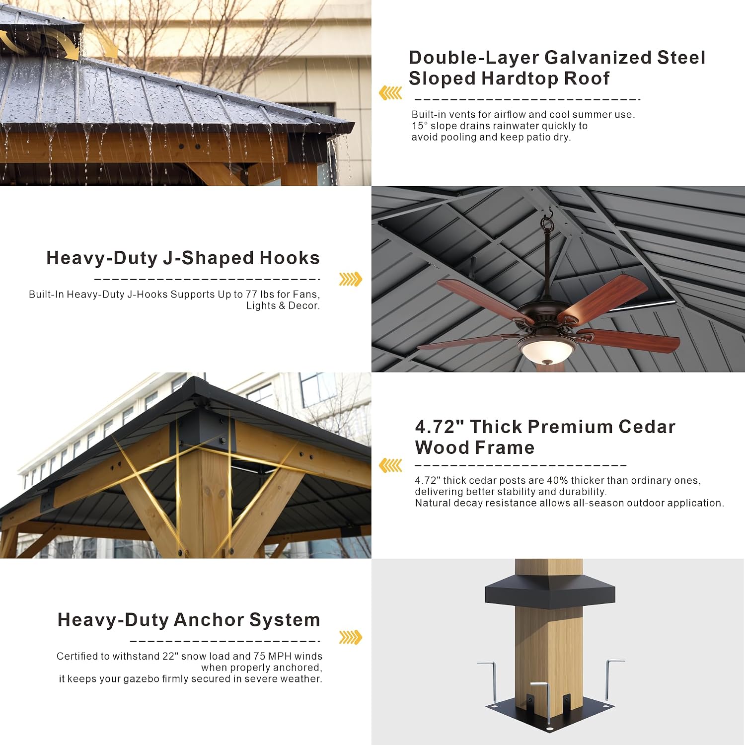10' x 12' Wood Gazebo, Hardtop Gazebo Permanent Wooden Pavilion with Galvanized Steel Double Roof, Cedar Outdoor Gazebo with 4.72' Thick Posts for Patio, Backyard, Garden and Deck