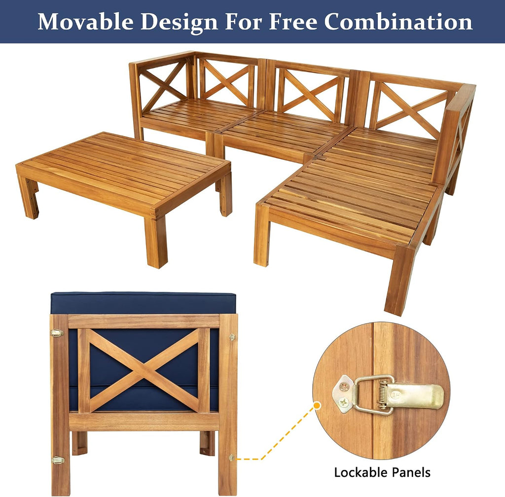 Upgrade Acacia Wood Outdoor Patio Sectional Sofa Set, 5-Piece All-Weather Conversation Sofa Set with Cushions and Side Coffee Table for Balcony Garden Backyard Poolside (Blue-UP)