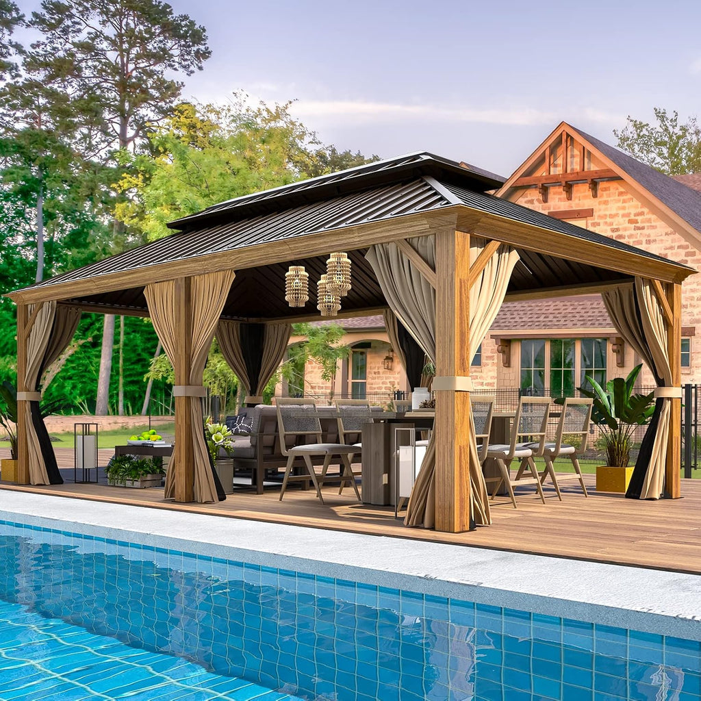 EROMMY 12'x20' Gazebo, Galvanized Steel Double Roof with Wood Grain Aluminum Frame, Outdoor Permanent Metal Pavilion with Curtains and Nettings for Patio, Backyard and Deck