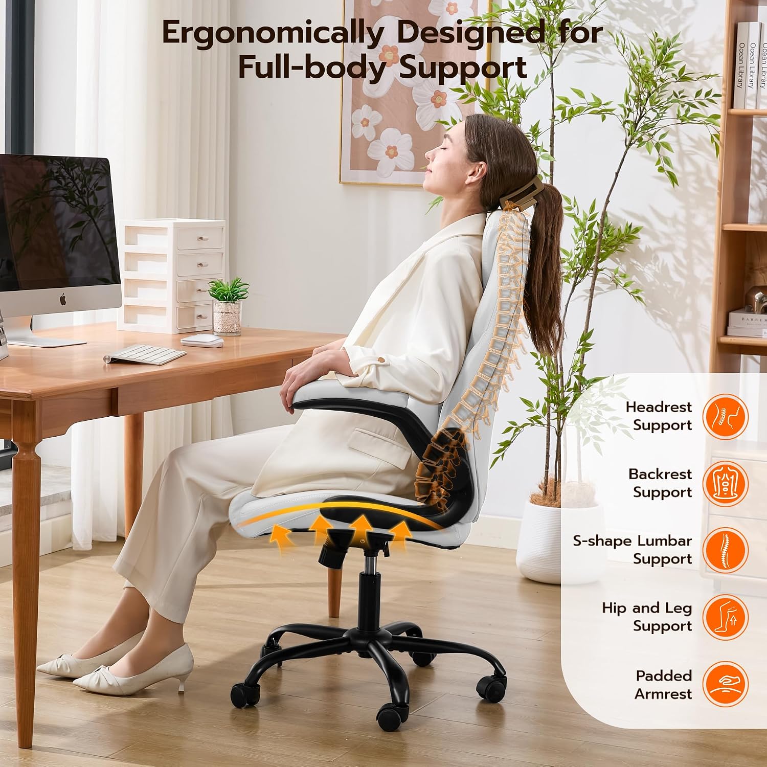 Ylzyxal Office Desk Chair, Ergonomic Computer Chair with Padded Flip-Up Arms and Adjustable Lumbar Support, PU Leather Executive Chair with Tilt Lock and 360° Swivel Rolling Wheels for Work, Study