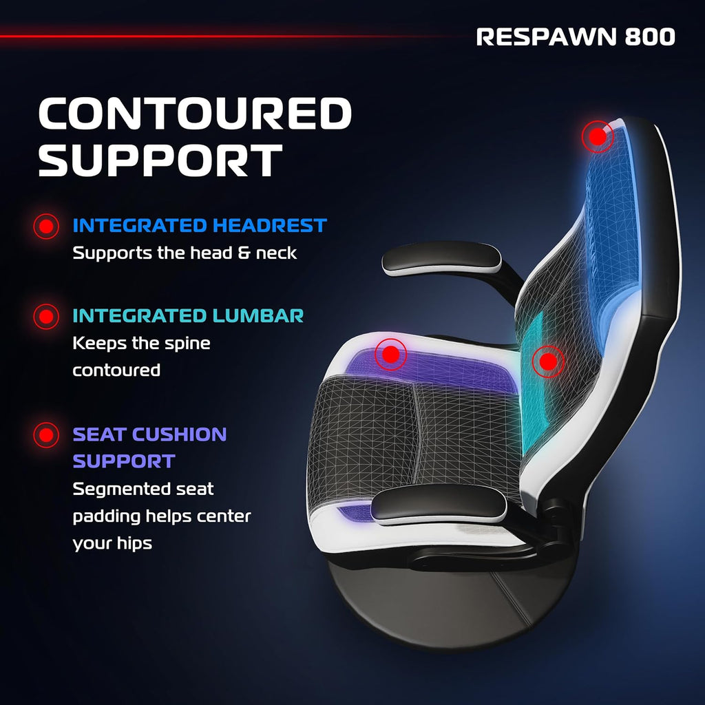 RESPAWN 800 Swivel Rocker Gaming Chair - Ergonomic Floor Gaming Seat with Lumbar Support, Flip Up Armrest, High Back, Pedestal Base, Comfortable No Wheels Console Video Game Rocker Chair - White