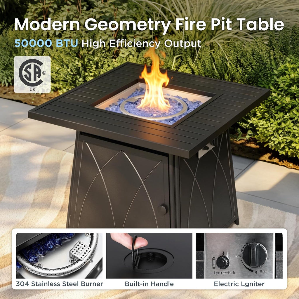 PHI VILLA 5 Piece Patio Furniture Set with 28' Firepit Table, 4 Outdoor 5.75' Cushioned Metal Frame Swivel Sofa Chairs & 28' Gas Firepit Table, Outside Furniture Set for Lawn Garden(Beige)