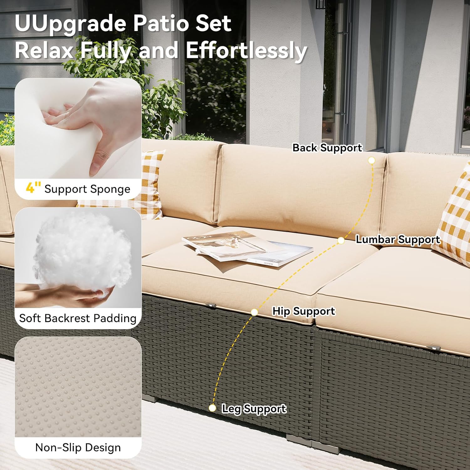 Aoxun Patio Furniture Set with Umbrella, 8 Piece Outdoor Sectional Sofas, Wicker Rattan Outdoor Furniture with Thickened Cushion for Backyard, Garden Beige