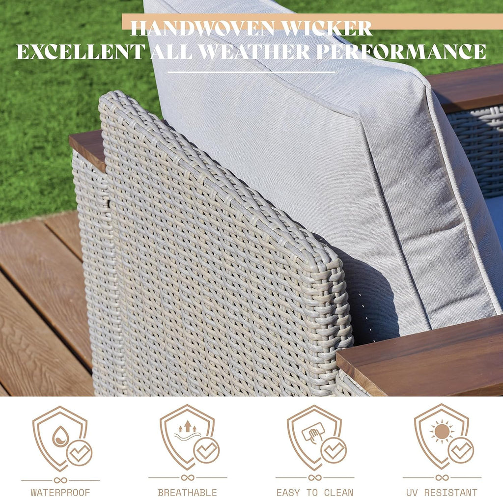 PaPaJet Outdoor Loveseat Patio Sofa, Wicker Couch with Solid Armrests & Legs, 4.7' Thick Cushion, UV-Resistant Modular Sofa for Porch, Backyard, Garden