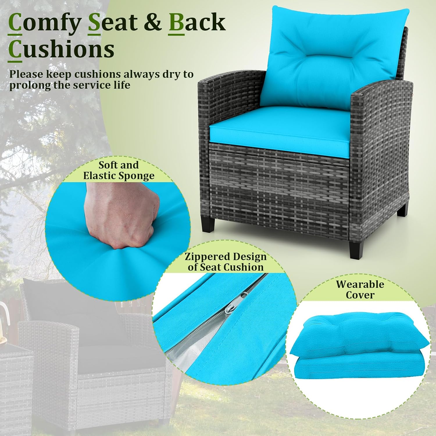 RELAX4LIFE 3 Piece Patio Furniture Set, Wicker Bistro Conversation Set w/2 Cushioned Armchairs & Glass Topped Table, Outdoor Rattan Sofa Set Patio Furniture for Porch Balcony Poolside (Grey-Turquoise)
