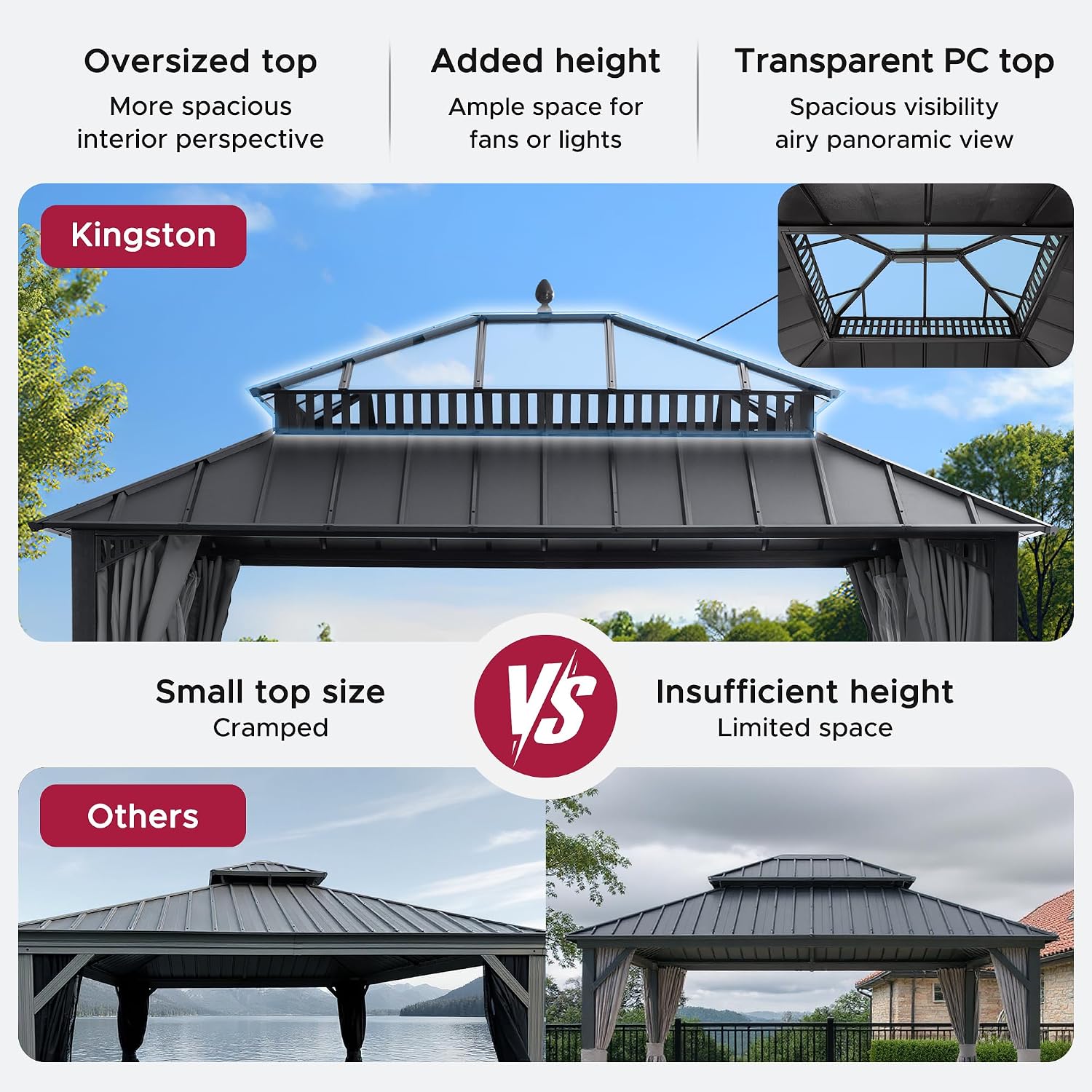 SUNJOY Kingston 14' x 12' Hardtop Gazebo with Galvanized Steel/Polycarbonate Double Roof, Curtain and Netting, Gray Aluminum Posts Permanent Pavilion Gazebo for Garden, Patio, Deck, Lawn
