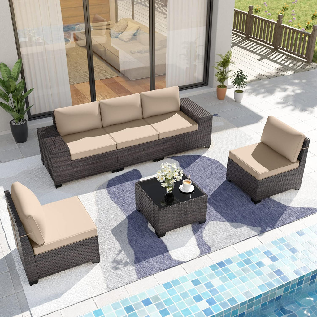 Kurapika 6 Pieces Patio Furniture Set, Rattan Wicker Outdoor Conversation Sets w/4 Inch Cushion and Glass Coffee Table(Sand)