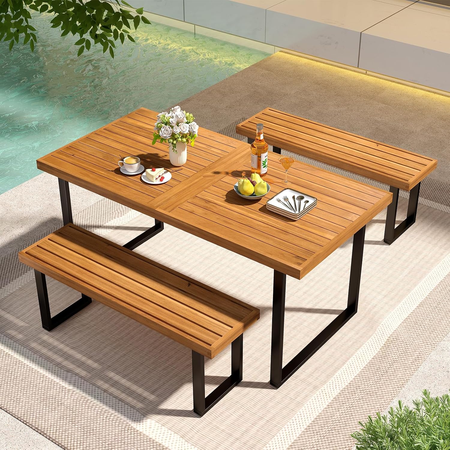 Tangkula 3 Pieces Patio Dining Table Set, 63' Rectangle Acacia Wood Table with Umbrella Hole and 2 Backless Bench with Metal Frame, Outdoor Dinette Furniture for Garden Yard