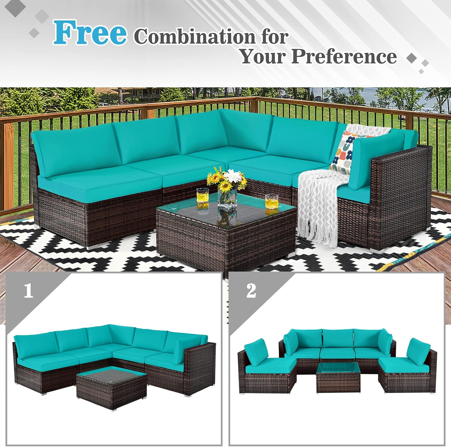 COSTWAY 6-Piece Outdoor Patio Furniture Set, Rattan Sectional Sofa Set with Tempered Glass Coffee Table and Cushions for Garden, Deck, Backyard (Turquoise)