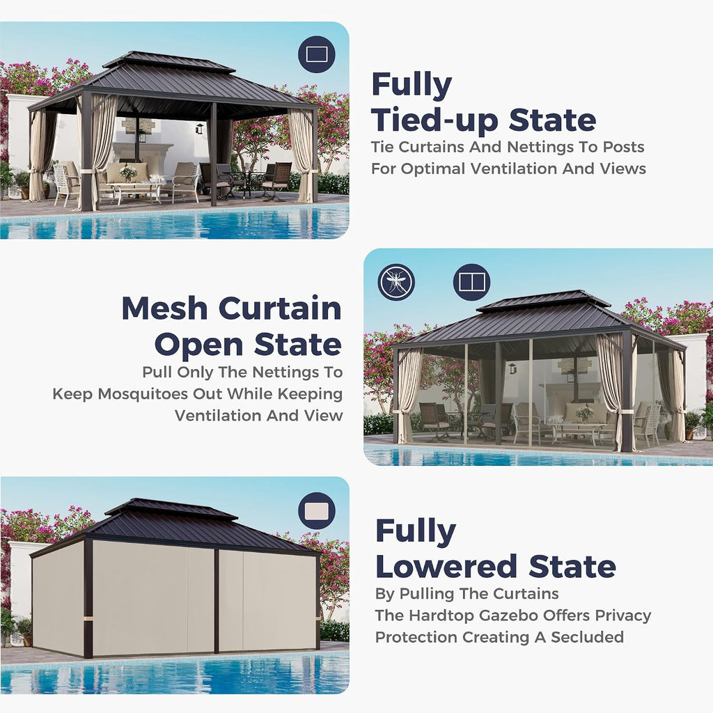 SUNSHINE VALLEY 12'x18' Hardtop Gazebo, Permanent Aluminum Outdoor Gazebo with Galvanized Steel Double Roof & Gutter System, Heavy Duty Patio Pavilion Canopy with Netting and Curtains for Deck, Garden