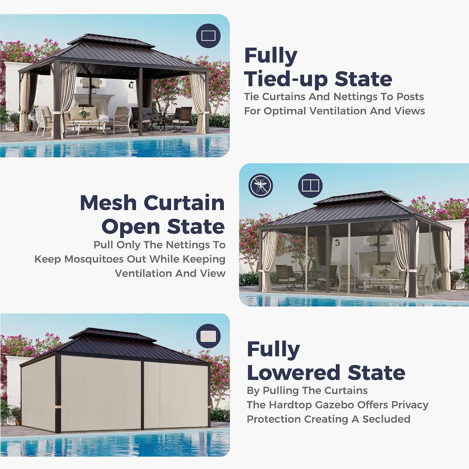 SUNSHINE VALLEY 12'x18' Hardtop Gazebo, Permanent Aluminum Outdoor Gazebo with Galvanized Steel Double Roof & Gutter System, Heavy Duty Patio Pavilion Canopy with Netting and Curtains for Deck, Garden