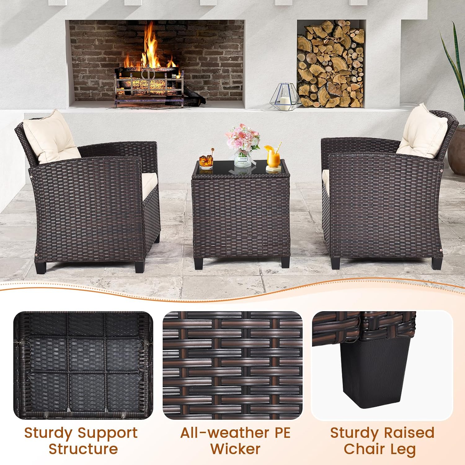 ORALNER 3 Pieces Patio Furniture Set, Outdoor Wicker Conversation Set Rattan Chairs with Cushions, Glass Coffee Table, Bistro Set for Front Porch Balcony Garden Deck Poolside (White)